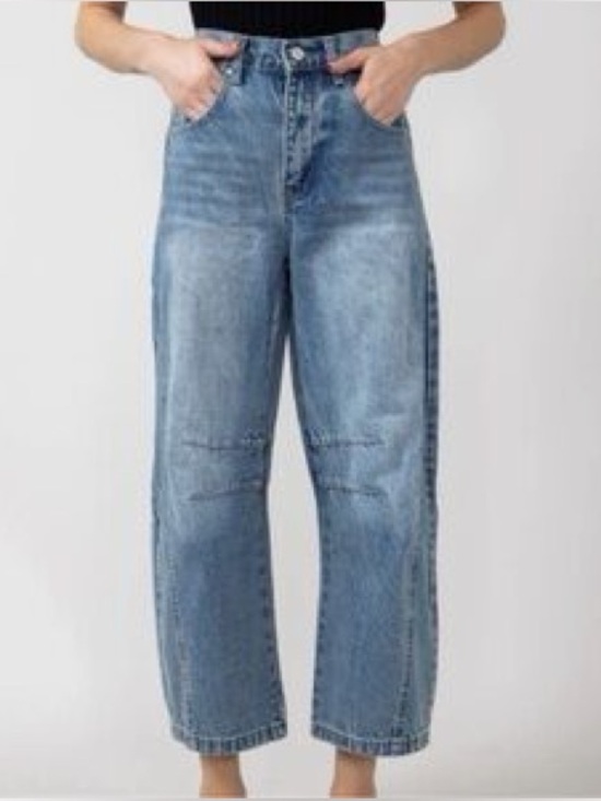 Aaron & Amber Denim - Aaron & Amber High-Rise Barrel Jeans Cotton Sz M Straight denim Wide Medium Wash